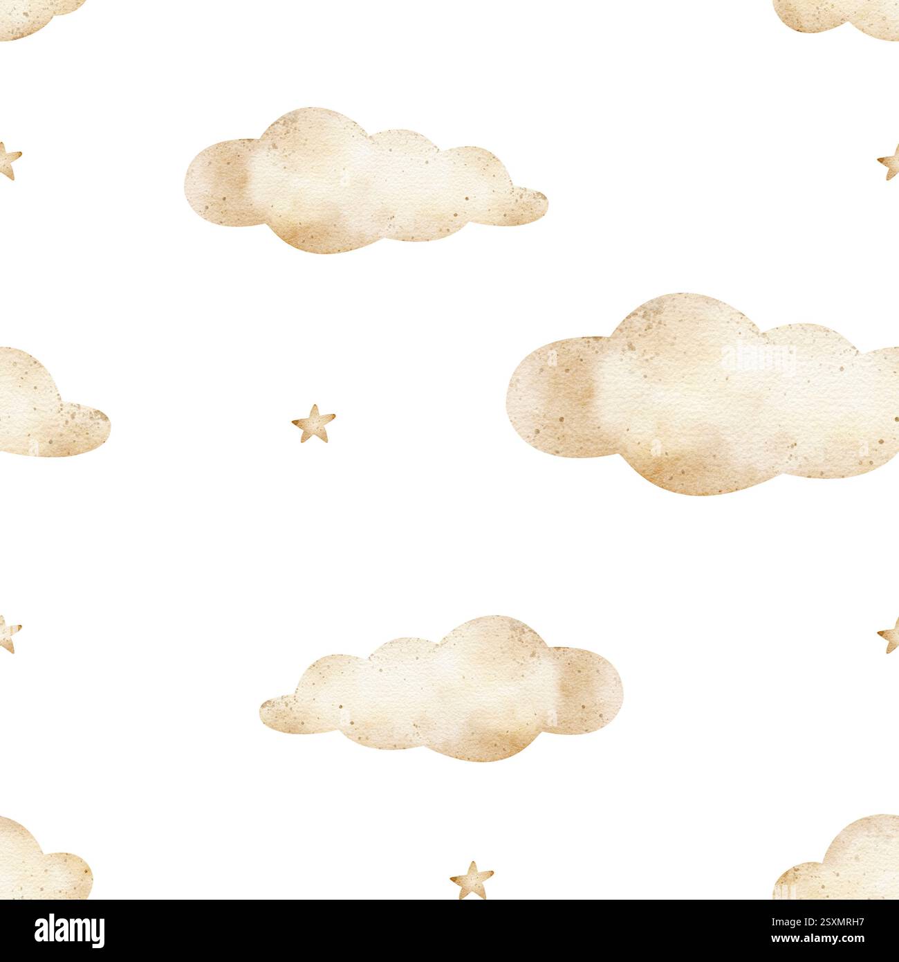 Beige Wolken, Sterne in einfarbigem Muster nahtlos. Vintage für Kinder mit Aquarellmuster. Handgezeichnete Illustrationen in Pastellfarbe isoliert für Textilien Stockfoto