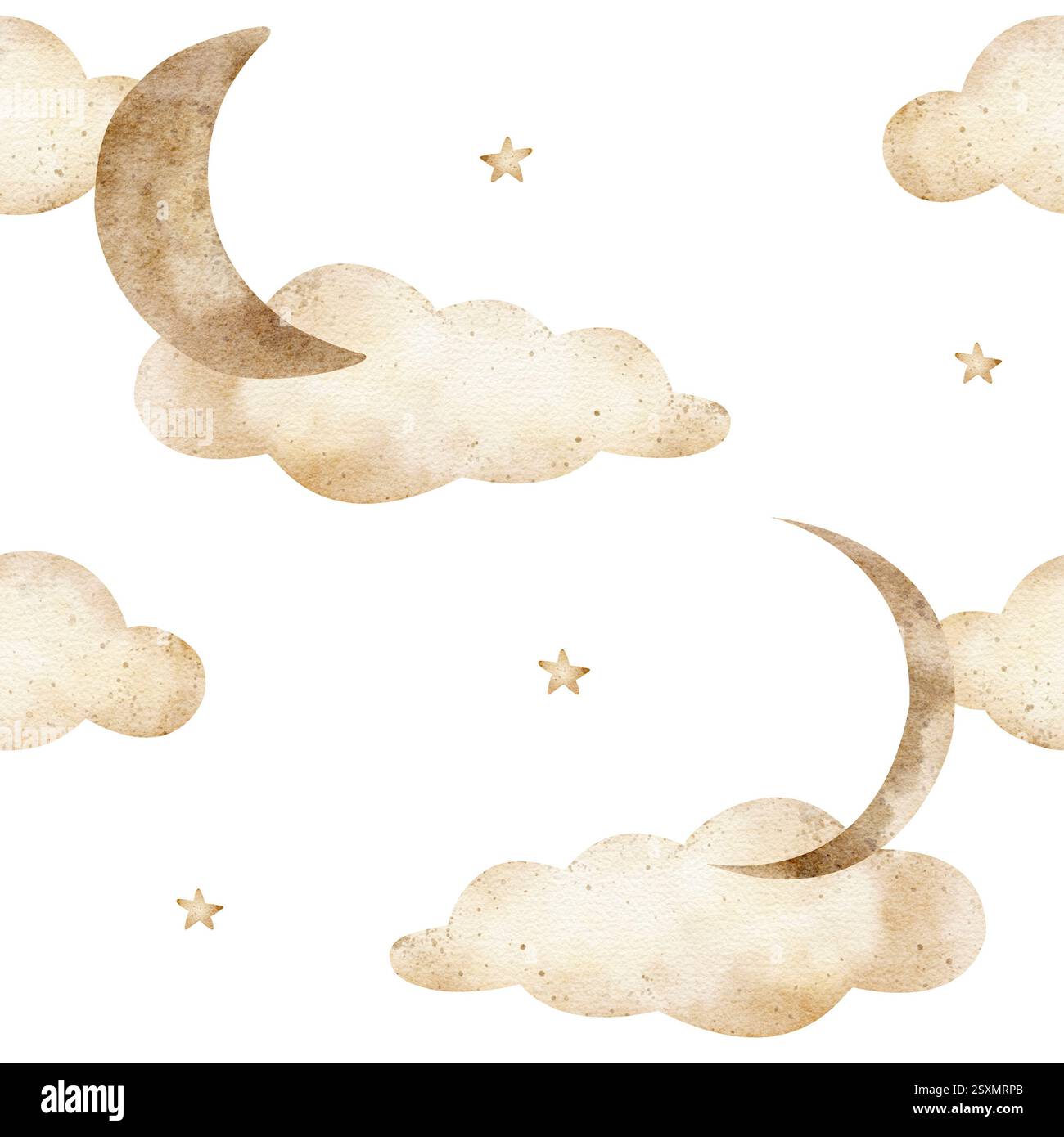 Mond mit Aquarellmuster in beigefarbenen Wolken, Sterne in monochromer Farbe. Nahtloses Pastellmuster. Handgezeichnete Illustrationen von Traum, Schlaf für Design-Kinder Stockfoto