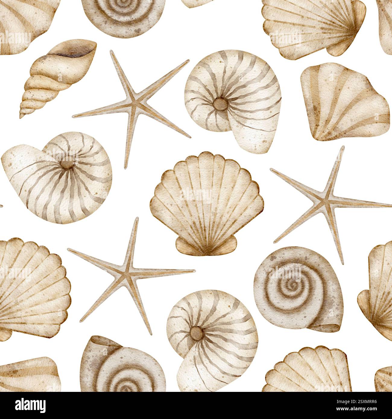Beigefarbenes, nahtloses Meeresmuster mit Muscheln. Vintage-Wasserdruck mit Meeresmuster. Handgezeichnete Illustrationen Seesterne, Spirale in Pastellfarben, isoliert für Stockfoto