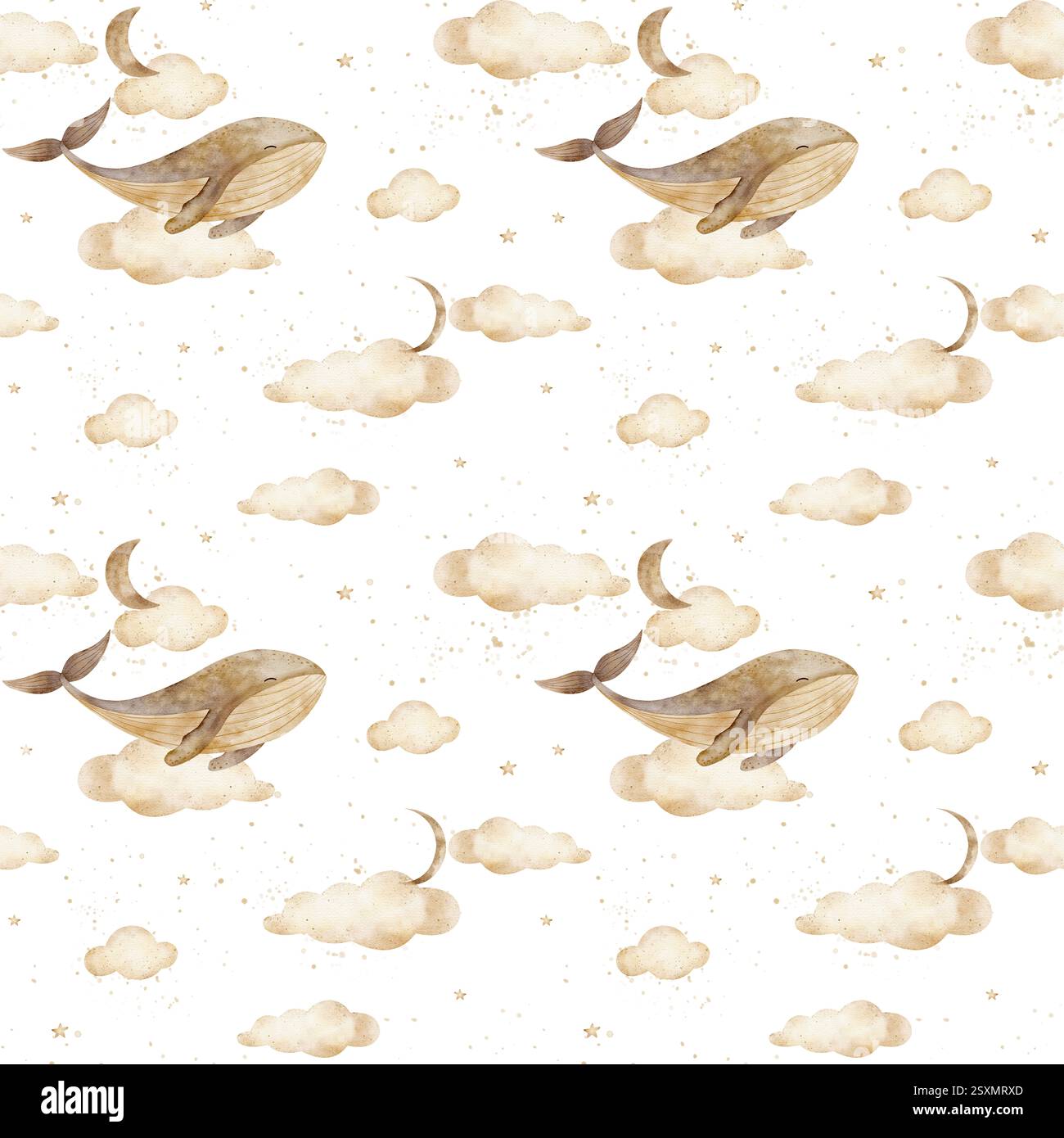 Wasserfarbenmuster beiger Wal schwimmt in Wolken, Mond, Sternen. Nahtloses Schwarzweiß-Pastellmuster. Handgezeichnete Illustrationen auf weißem Hintergrund für Design Stockfoto