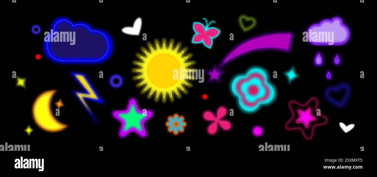 Neon y2k Formen auf schwarzem Hintergrund - glühende Elemente von Sonne und Mond, Sterne und Herzen, Wolken mit Blitz und Regentropfen, Schmetterling. Lebendige Retro-Kollektion im Stil der 2000er Jahre mit Unschärfeeffekt Stock Vektor