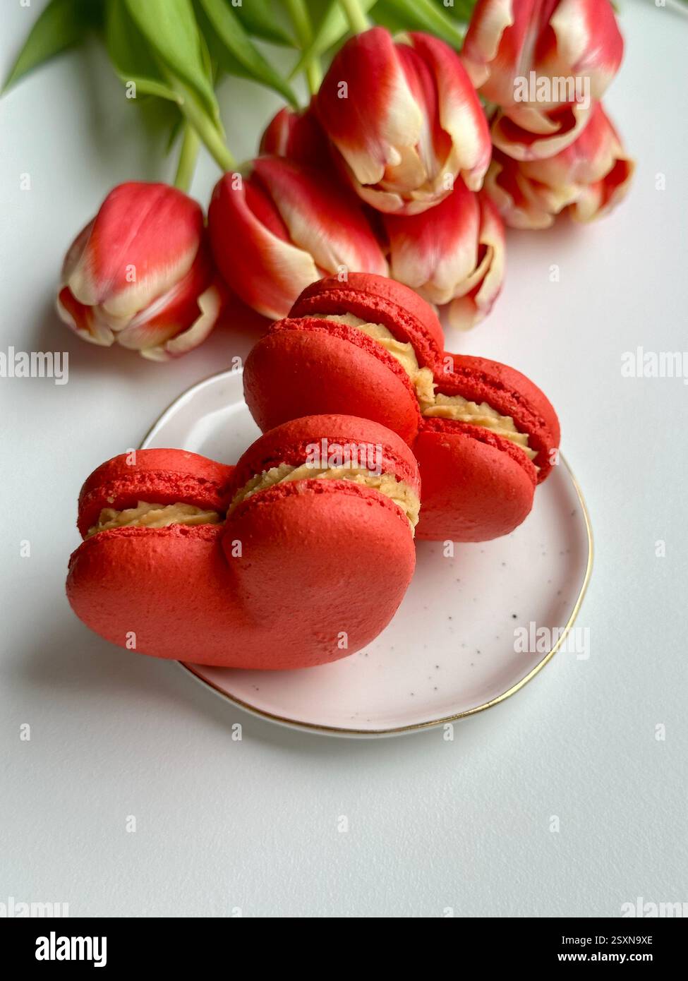 Rote Macarons auf der weißen Platte und frische rote Tulpen - Smartphone-aufgenommenes Stockfoto
