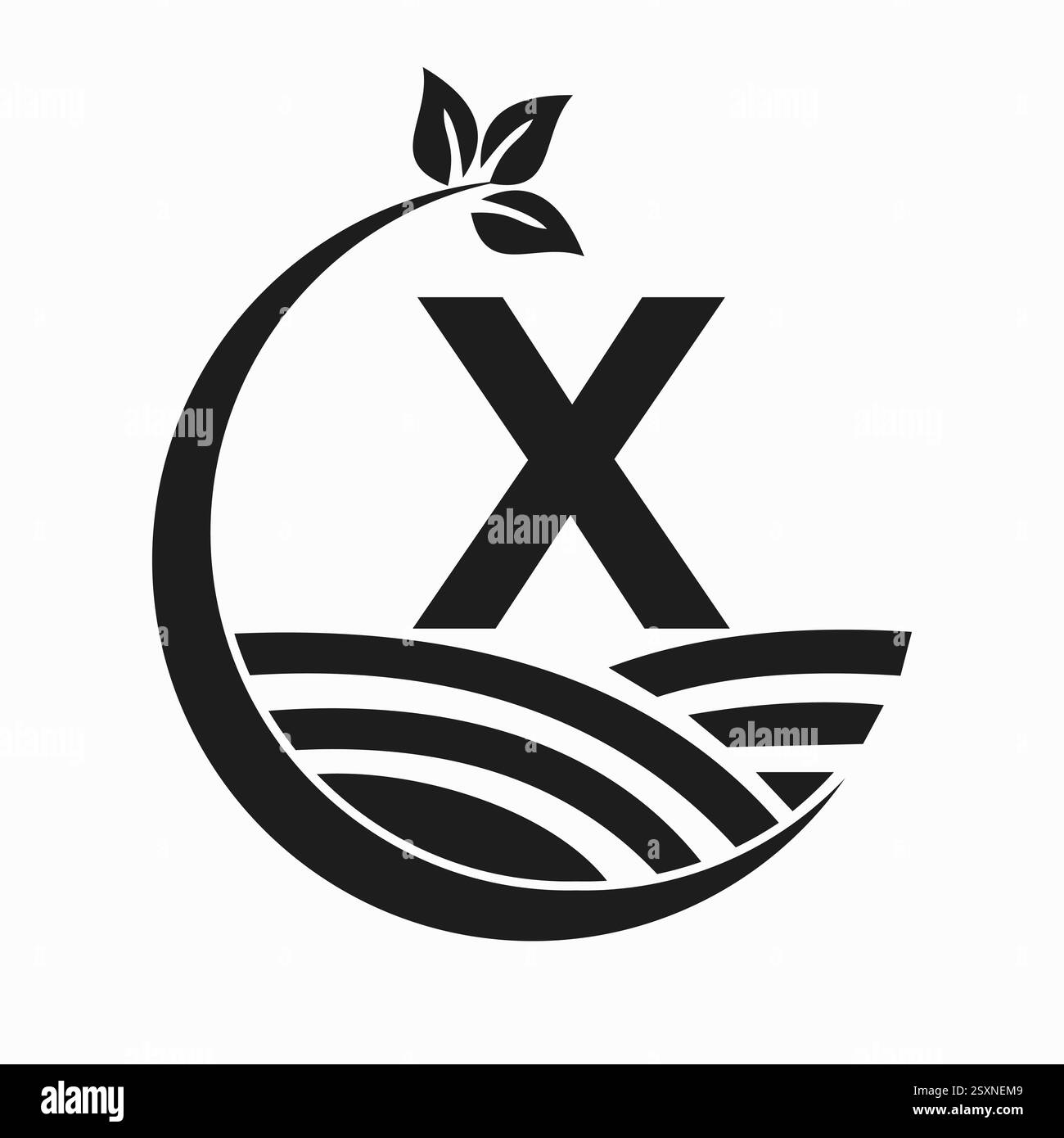 Anfangsbuchstabe X Landwirtschaft und Landwirtschaft Logo kombiniert mit Feld- und Blatt-Symbol Stock Vektor