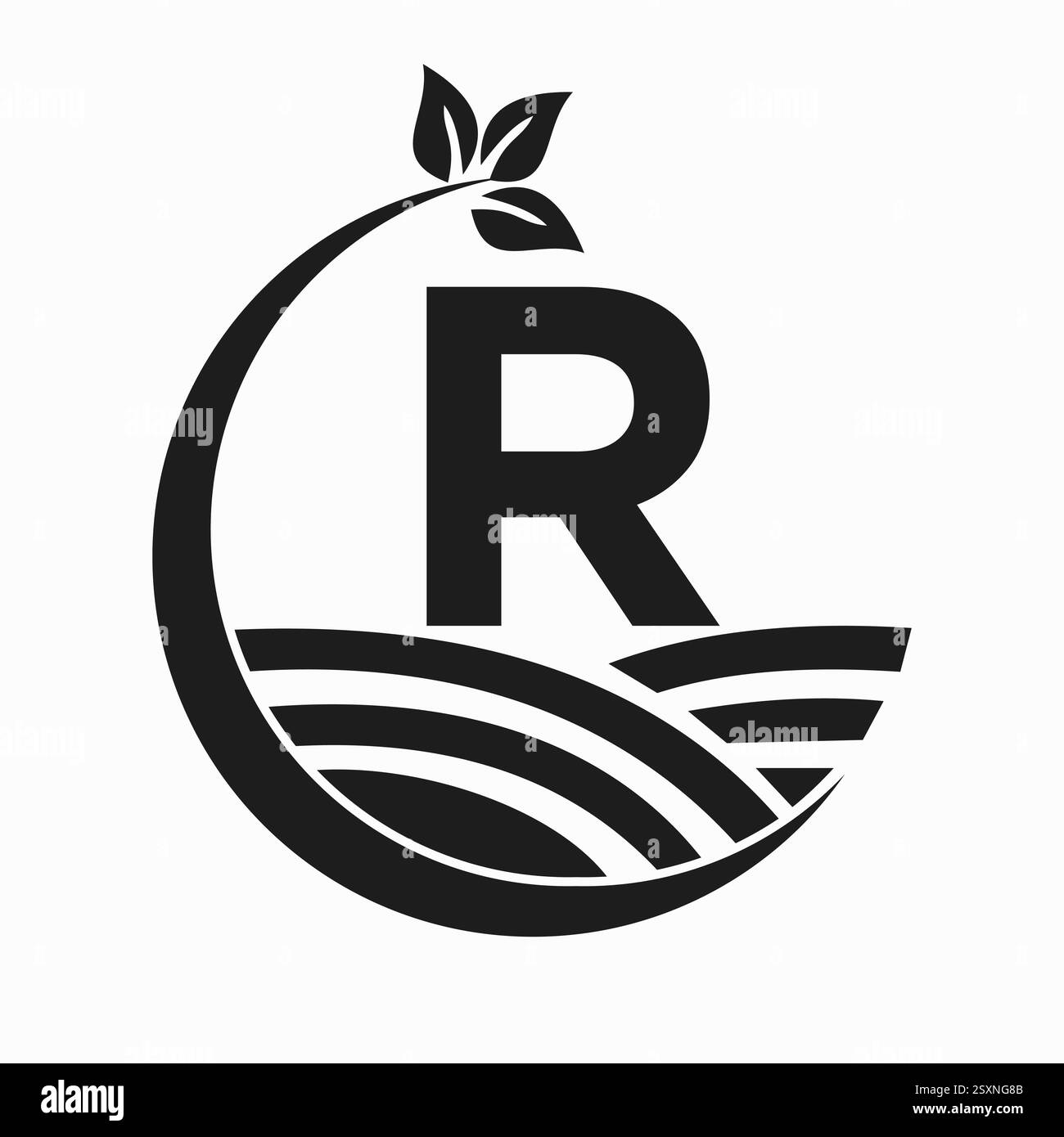 Anfangsbuchstabe R Landwirtschaft und Landwirtschaft Logo kombiniert mit Feld- und Blatt-Symbol Stock Vektor