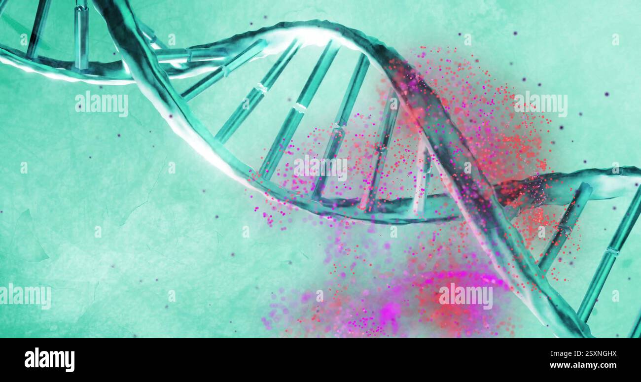 Bild von Lichtflecken über dna-Strang auf blauem Hintergrund Stockfoto