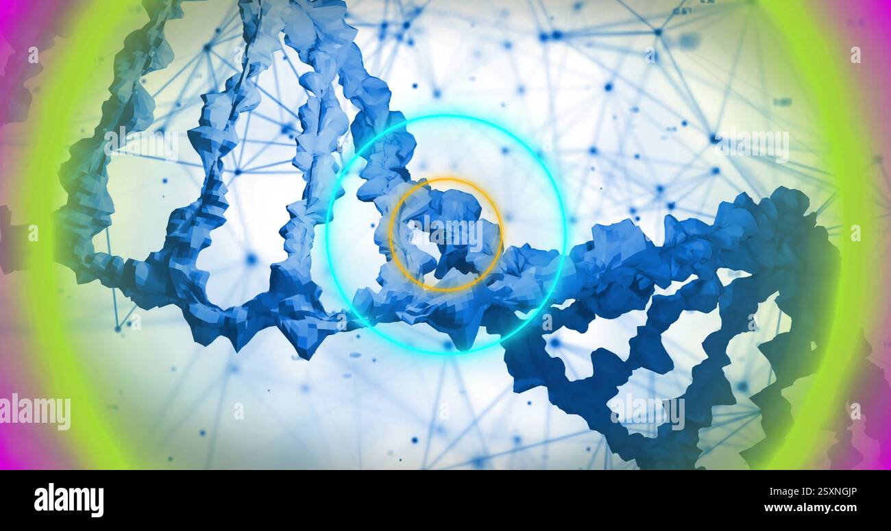 DNA-Stränge und geometrische Formen über bunten Neonkreisen, wissenschaftliches Bild Stockfoto