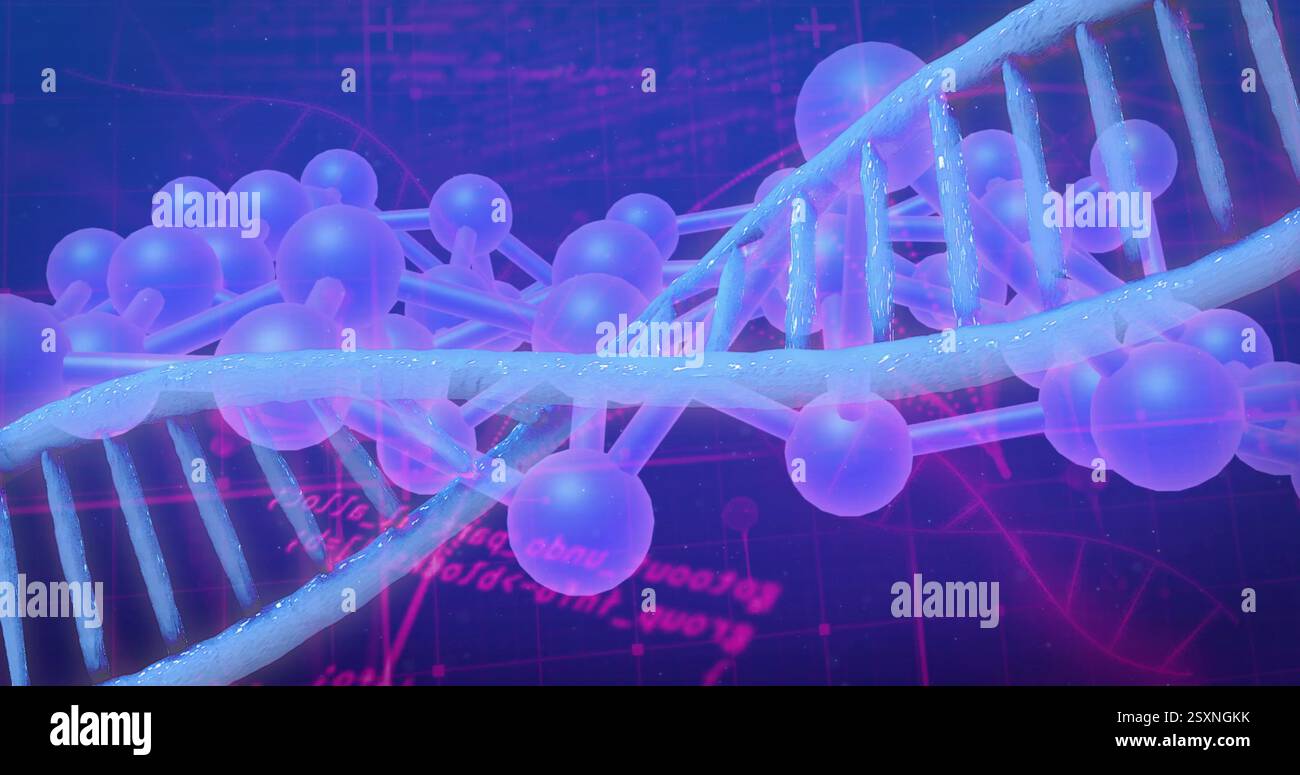 DNA-Strang- und Molekularstrukturbild über wissenschaftliche Daten und Gleichungen Stockfoto