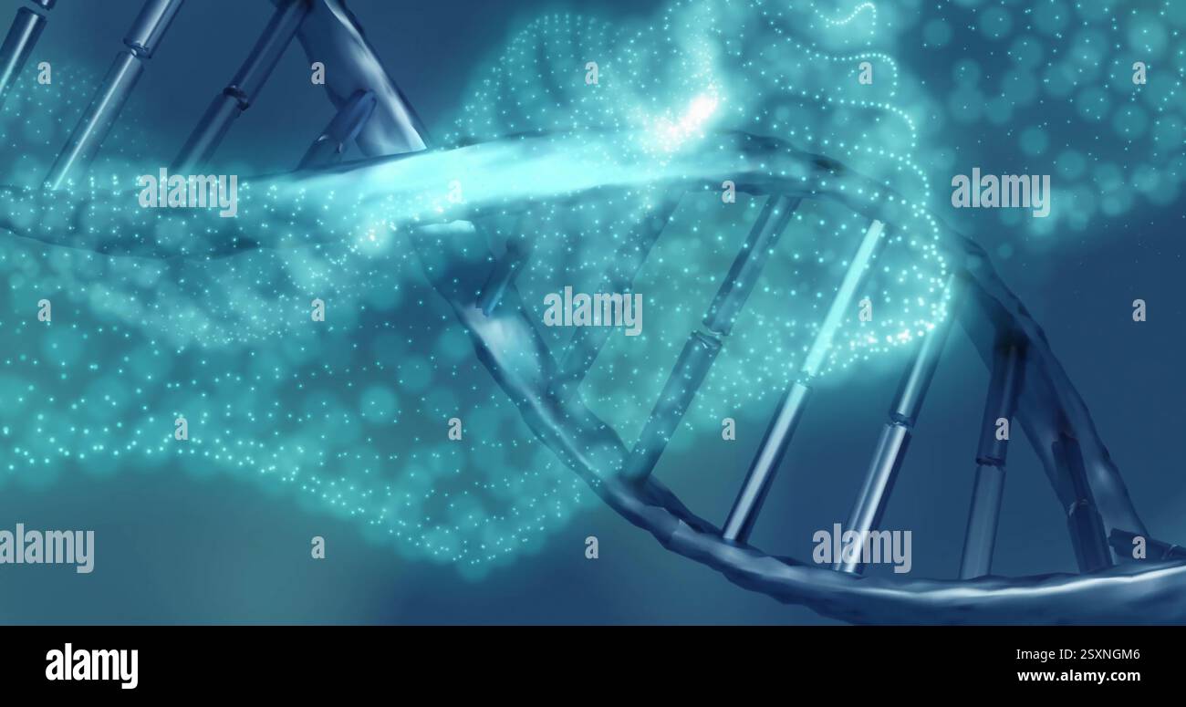 Bild von Lichtflecken über dna-Strang auf blauem Hintergrund Stockfoto