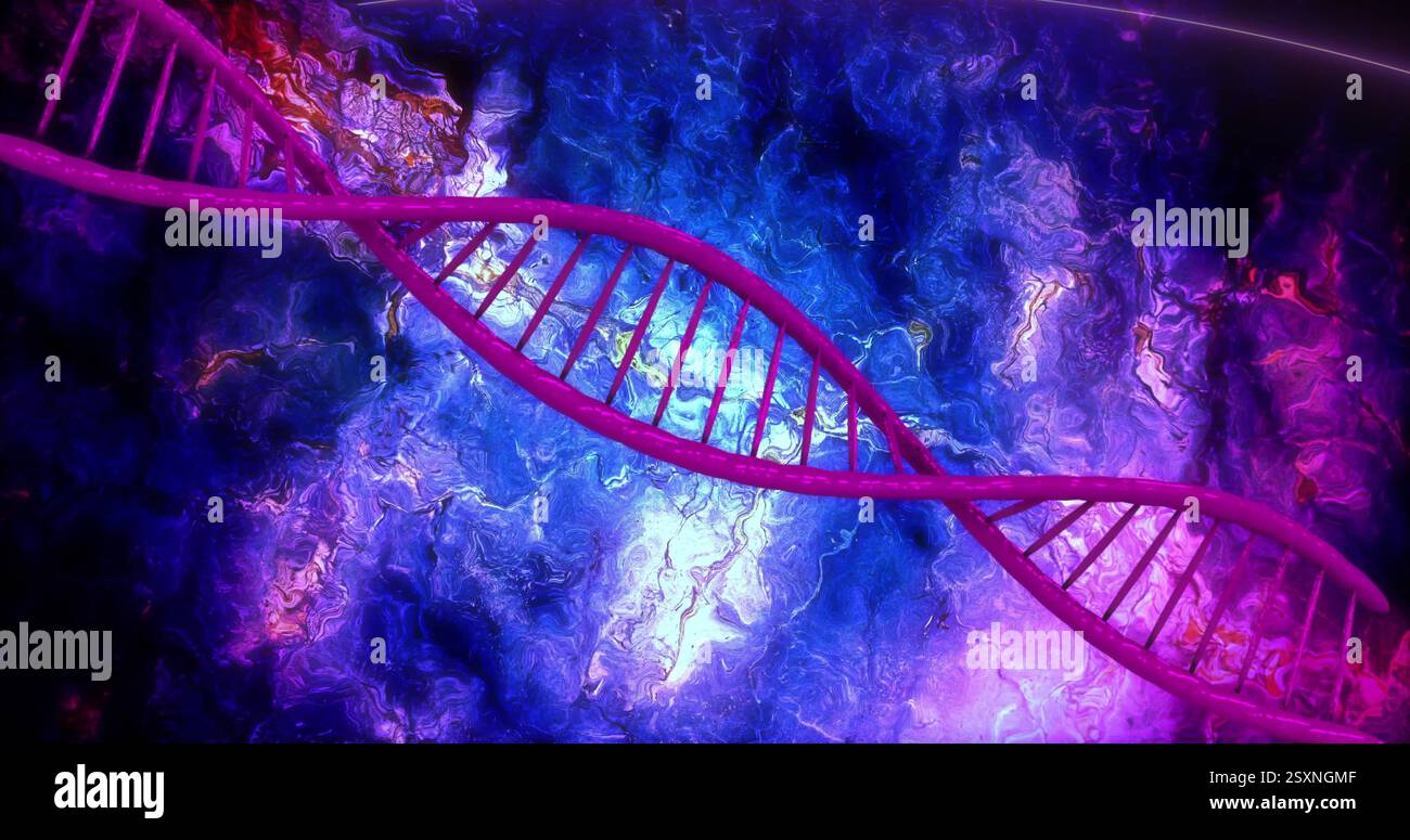 DNA-Strangbild über abstraktem blauem und lila wirbelnden Hintergrund Stockfoto