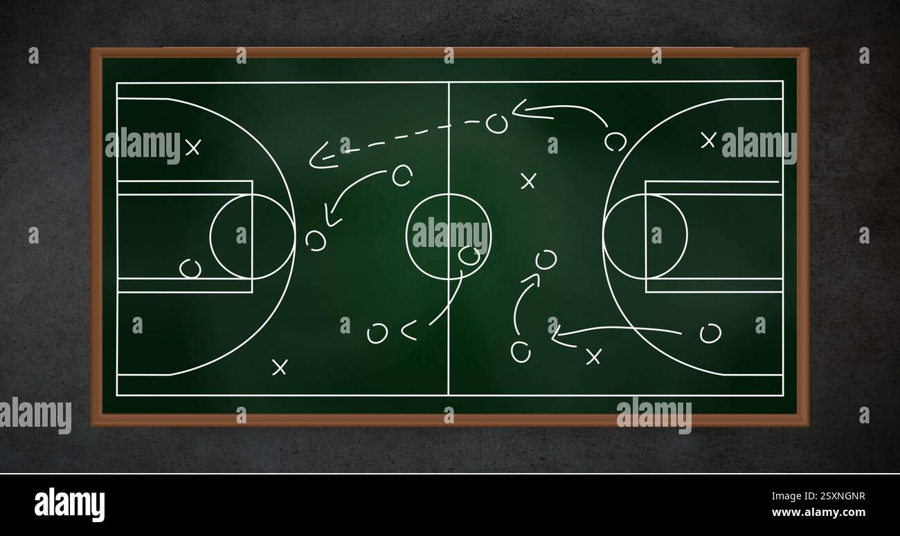 Basketball-Strategiediagramm mit Darstellung der Positionen und Bewegungen der Spieler auf dem Schwarzen Brett Stockfoto