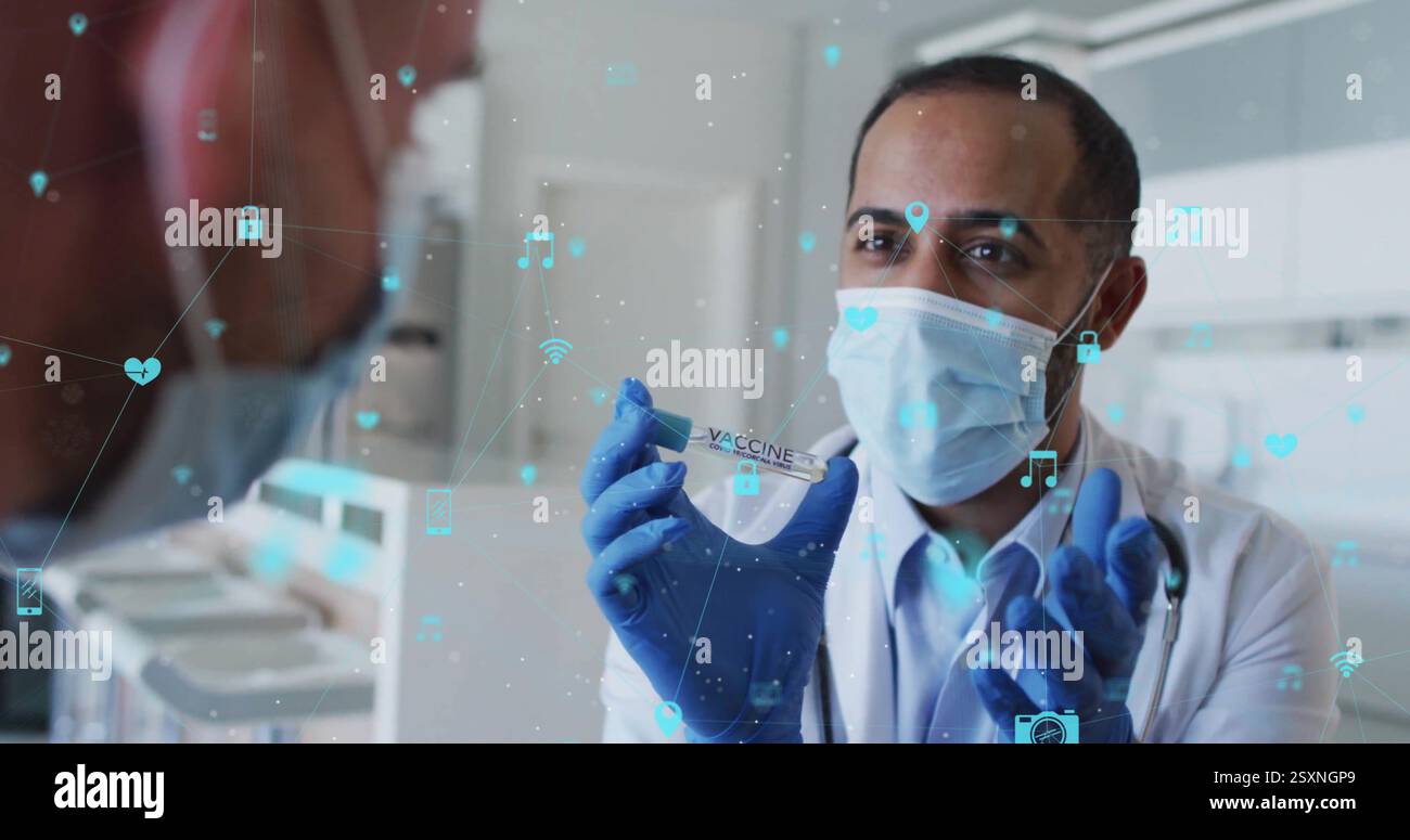 Halten Sie Impfstofffläschchen, Arzt in Maske mit medizinischen Symbolen Bild über Szene Stockfoto