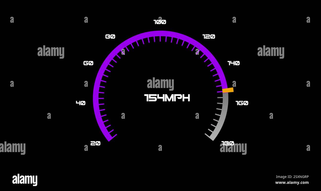 Tachometer zeigt 105 MPH mit violettem und grauem Gradientenbild an Stockfoto