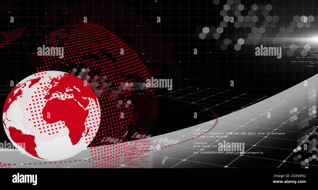 Globus- und Programmiercode-Bild über digitale Weltkarte mit sechseckigen Mustern Stockfoto