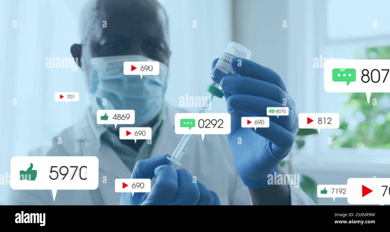 Arzt hält Spritze, Social-Media-Bild über der medizinischen Szene Stockfoto