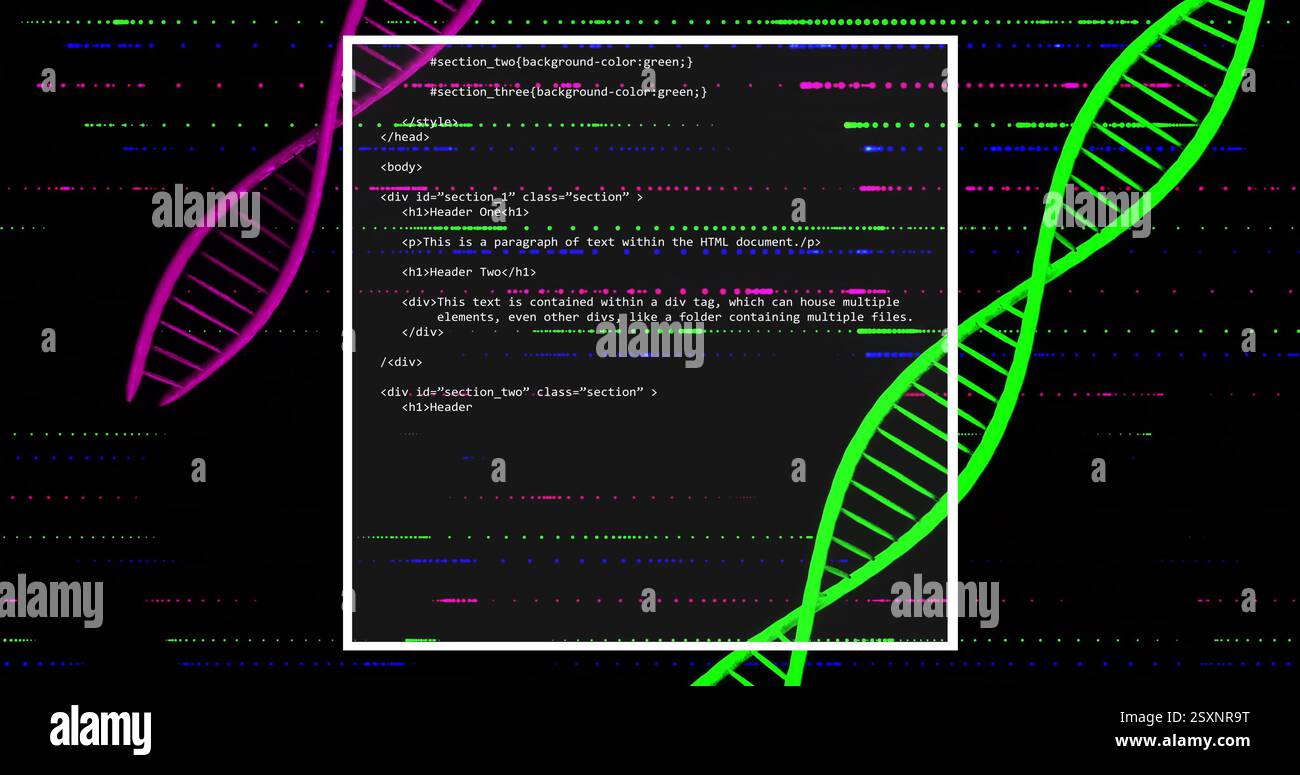 HTML-Code-Snippet über DNA-Strangbild mit bunten Linien Stockfoto