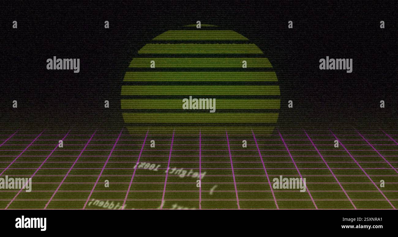 Retro-Raster mit grüner Sonne und Codierungsbild Stockfoto