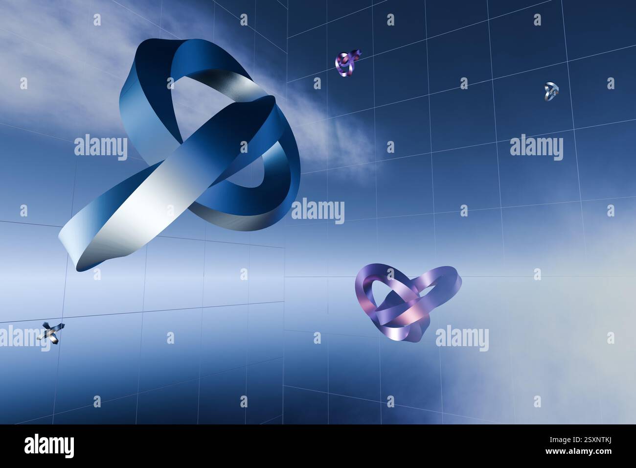 3D-Darstellung abstratscher Metallringe am Himmel Stockfoto
