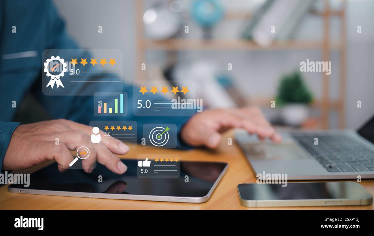 Meinung Kundenzufriedenheitsumfrage Konzept, Online-Bewerbung für Kundenservice und Erfahrungsbewertung, Bewertung von Zufriedenheitsfeedback, sehr gute Qualität Stockfoto