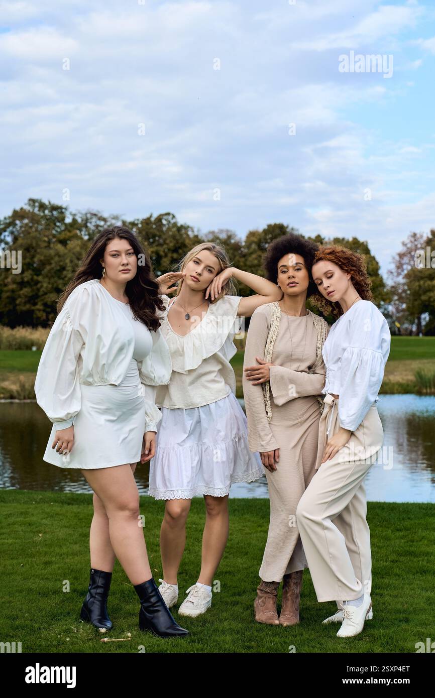 Vier selbstbewusste Frauen zeigen in einer lebendigen Parklandschaft ihren Sinn für Mode. Stockfoto