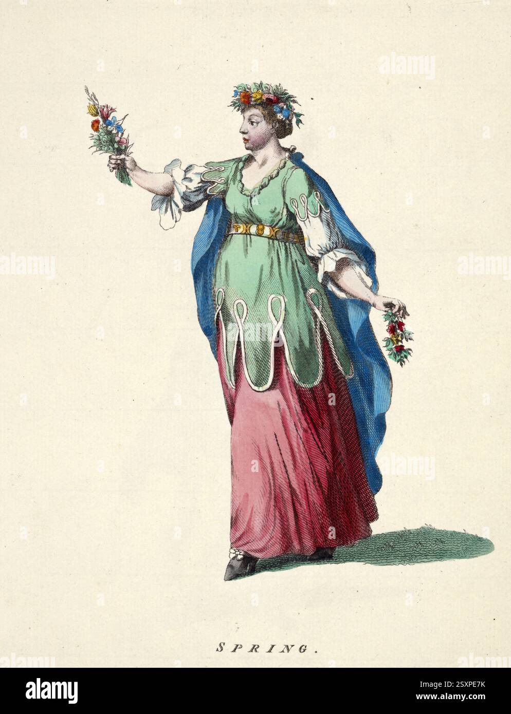 Historische Kleidung, Mode durch die Zeit, Frühlingszeit, symbolische Darstellung einer Frau in Kleidung des 18. Jahrhunderts, digital restaurierte Reproduktion eines Originals aus dem 18./19. Jahrhundert, genaues Datum unbekannt, historische Kleidung, Mode im Laufe der Zeit, die Jahreszeit Frühling, Symboldarstellung durch eine Frau in der Bekleidung des 18. Jahrhunderts. Jahrhundert, digital restaurierte Reproduktion einer Vorlage aus dem 18./19. Jahrhundert, genaues Datum nicht bekannt Stockfoto