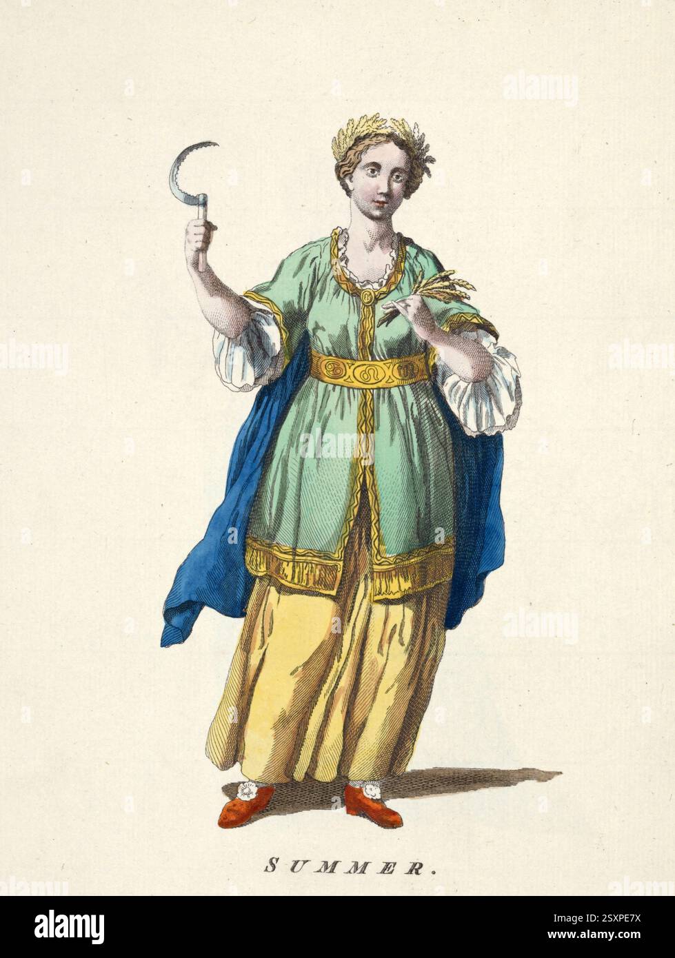 Historische Kleidung, Mode durch die Zeit, Jahreszeit Sommer, symbolische Darstellung einer Frau in Kleidung des 18. Jahrhunderts, digital restaurierte Reproduktion eines Originals aus dem 18./19. Jahrhundert, genaues Datum unbekannt, historische Kleidung, Mode im Laufe der Zeit, die Jahreszeit Sommer, Symboldarstellung durch eine Frau in der Bekleidung des 18. Jahrhundert, digital restaurierte Reproduktion einer Vorlage aus dem 18./19. Jahrhundert, genaues Datum nicht bekannt Stockfoto