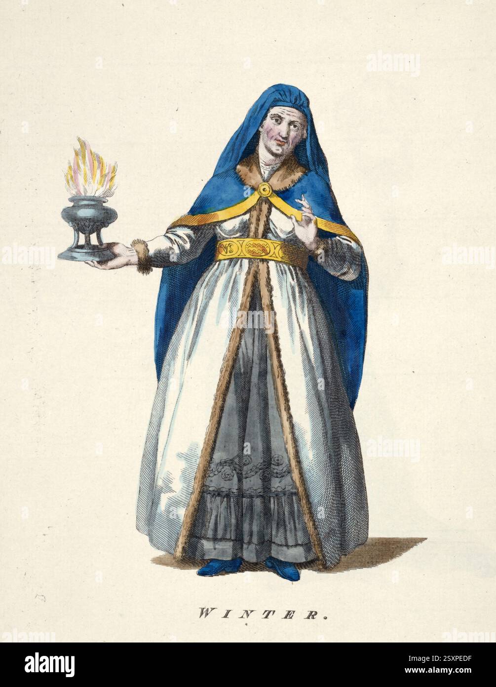 Historische Kleidung, Mode im Laufe der Zeit, die Jahreszeit des Winters, symbolische Darstellung einer Frau in Kleidung des 18. Jahrhunderts, digital restaurierte Reproduktion eines Originals aus dem 18./19. Jahrhundert, genaues Datum unbekannt, historische Kleidung, Mode im Laufe der Zeit, die Jahreszeit Winter, Symboldarstellung durch eine Frau in der Bekleidung des 18. Jahrhundert, digital restaurierte Reproduktion einer Vorlage aus dem 18./19. Jahrhundert, genaues Datum nicht bekannt Stockfoto