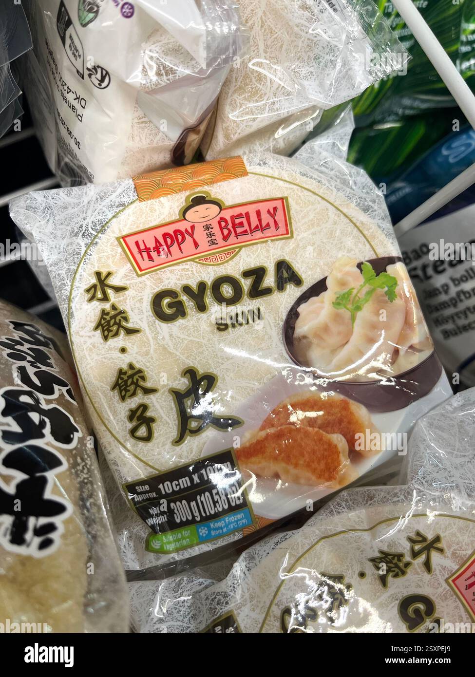 Happy Belly Frozen Gyoza Skin in Supermarkt Tiefkühltruhe – authentische asiatische Knödelpackungen für hausgemachte Gyoza und Potsticker Stockfoto