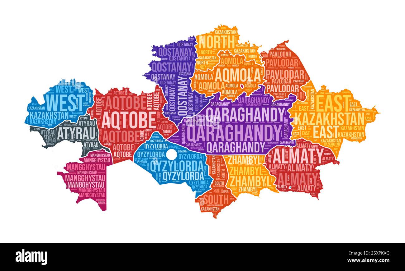 Kasachische Form. Country Wortwolke mit Bereichsbereich. Kasachstan farbige Illustration. Bereichsnamen Cloud. Vektorabbildung. Stock Vektor
