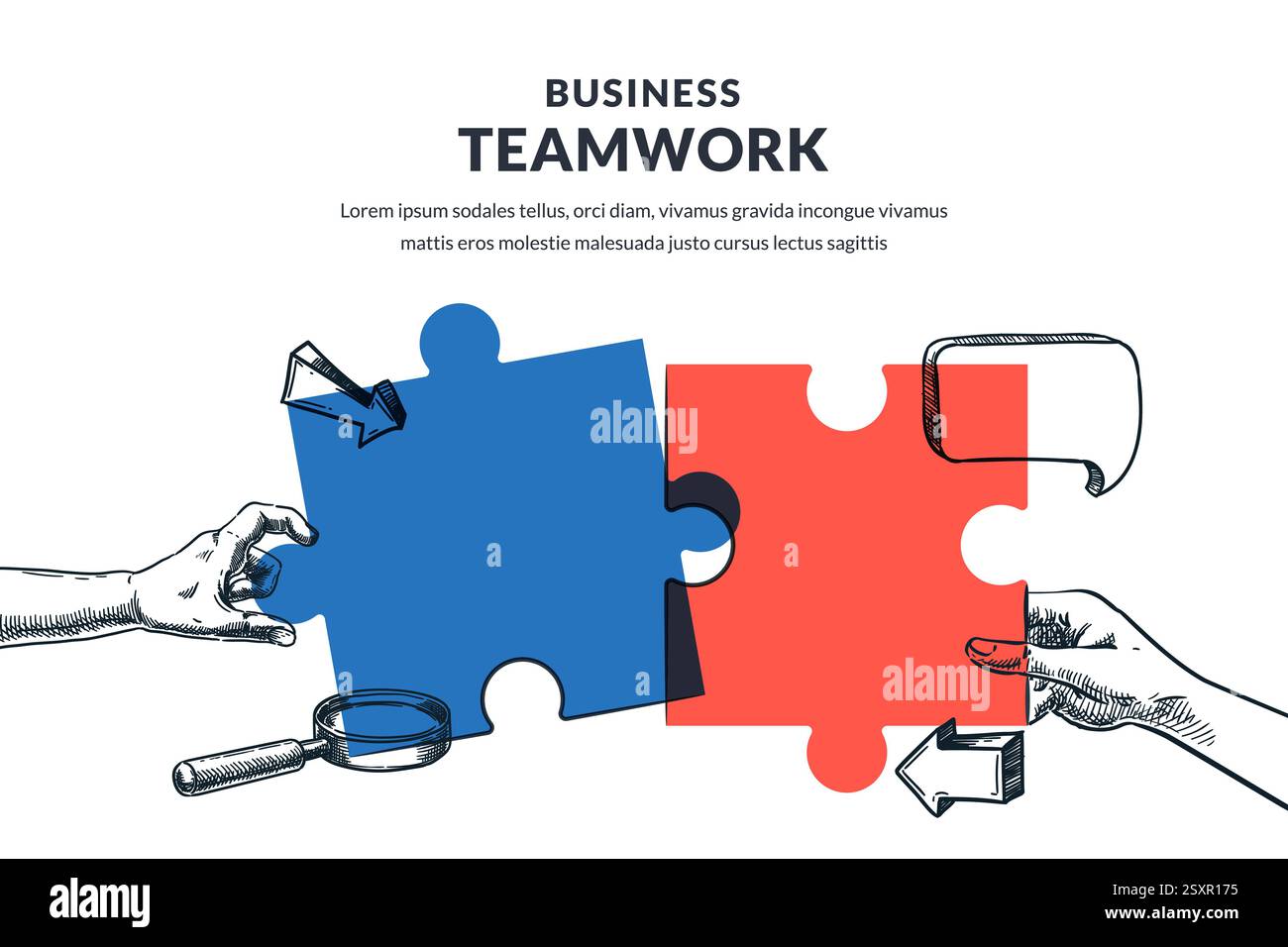 Zwei menschliche Hände verbinden mehrfarbige Puzzleteile. Vektorgrafik von Hand gezeichnet. Teamwork-Lösungen und Zusammenarbeit für Geschäftsziele. Zusammenarbeit Stock Vektor