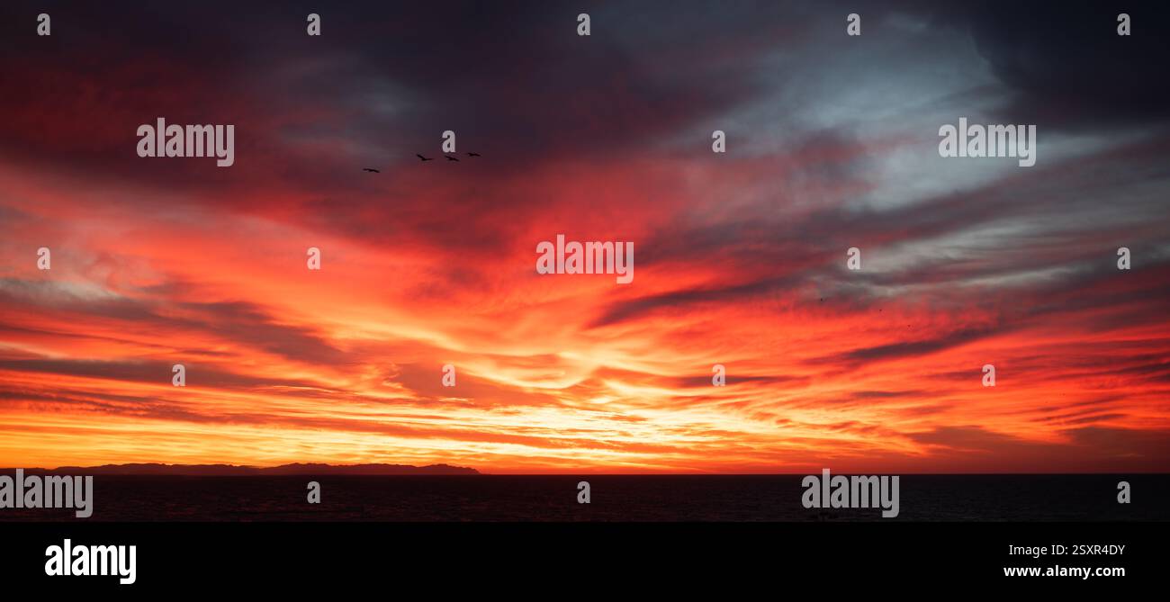 Stadtbild mit lebhaftem, feurigen Sonnenaufgang. Erstaunlicher warmer, dramatischer, bewölkter Himmel über dunklen Silhouetten von Stadtgebäuden. Orangefarbenes Sonnenlicht. Atmosphärischer Hintergrund von Stockfoto