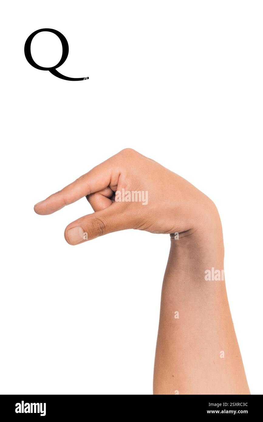 Buchstabe Q in der Gebärdensprache mit weißem Hintergrund Stockfoto
