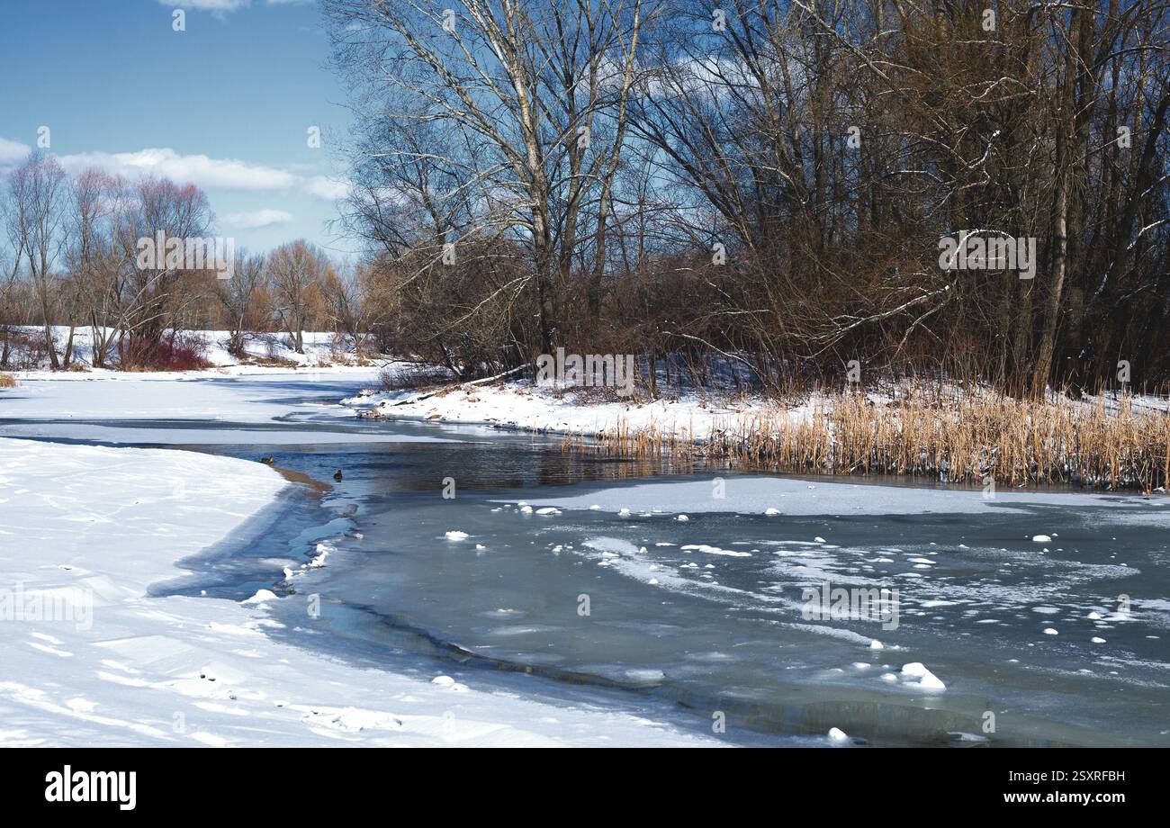 Wunderschöne Winterlandschaft. Blauer Himmel und strukturierter Schnee. Wintermärchen. Stockfoto