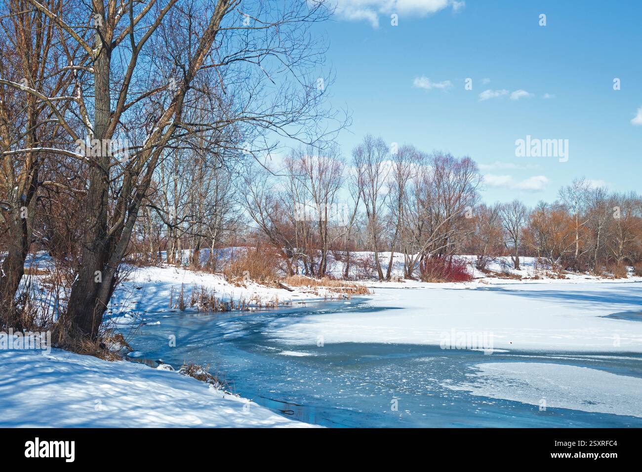 Wunderschöne Winterlandschaft. Blauer Himmel und strukturierter Schnee. Wintermärchen. Stockfoto