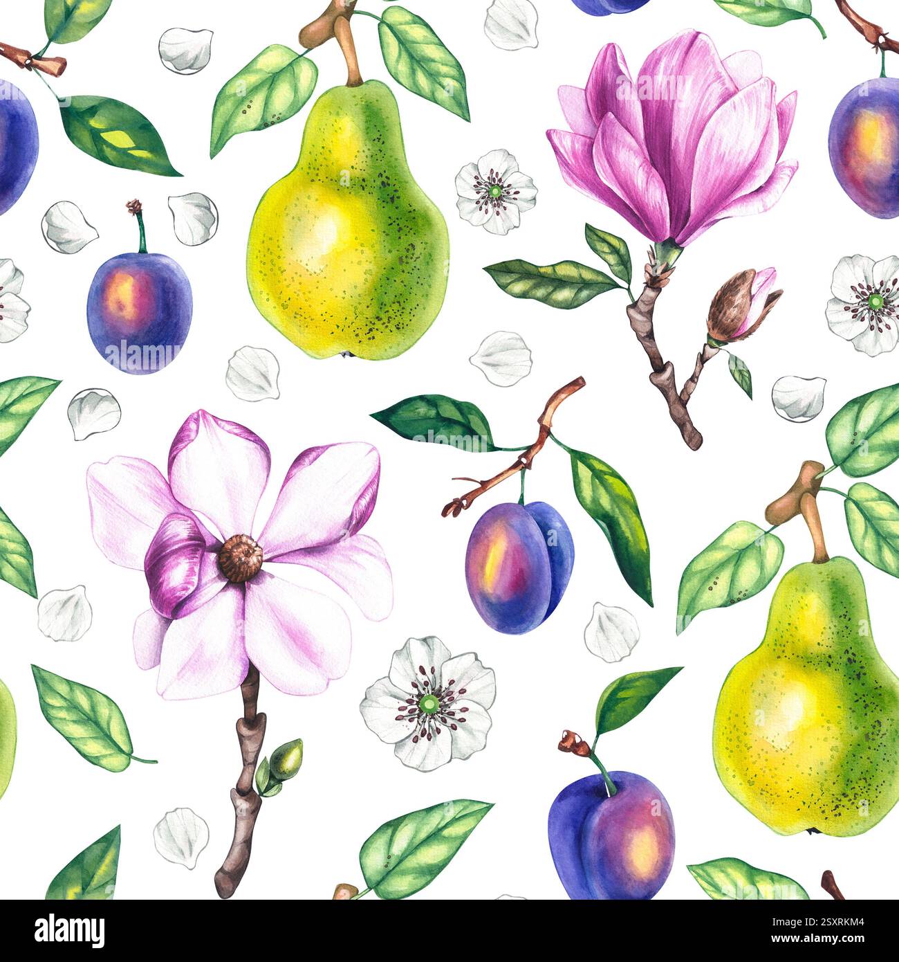 Botanisches Muster Aquarell mit Pflanzen, Früchten und Blumen. Pflaumen-, Magnolien- und Birnenmuster für die Gestaltung von Textilien, Stoffen, Verpackungen und anderen Stoffen Stockfoto