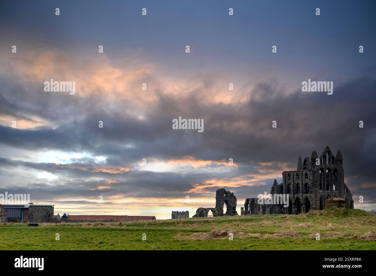 Whitby Abbey mit Blick auf die Nordsee auf der East Cliff oberhalb von Whitby in North Yorkshire Stockfoto