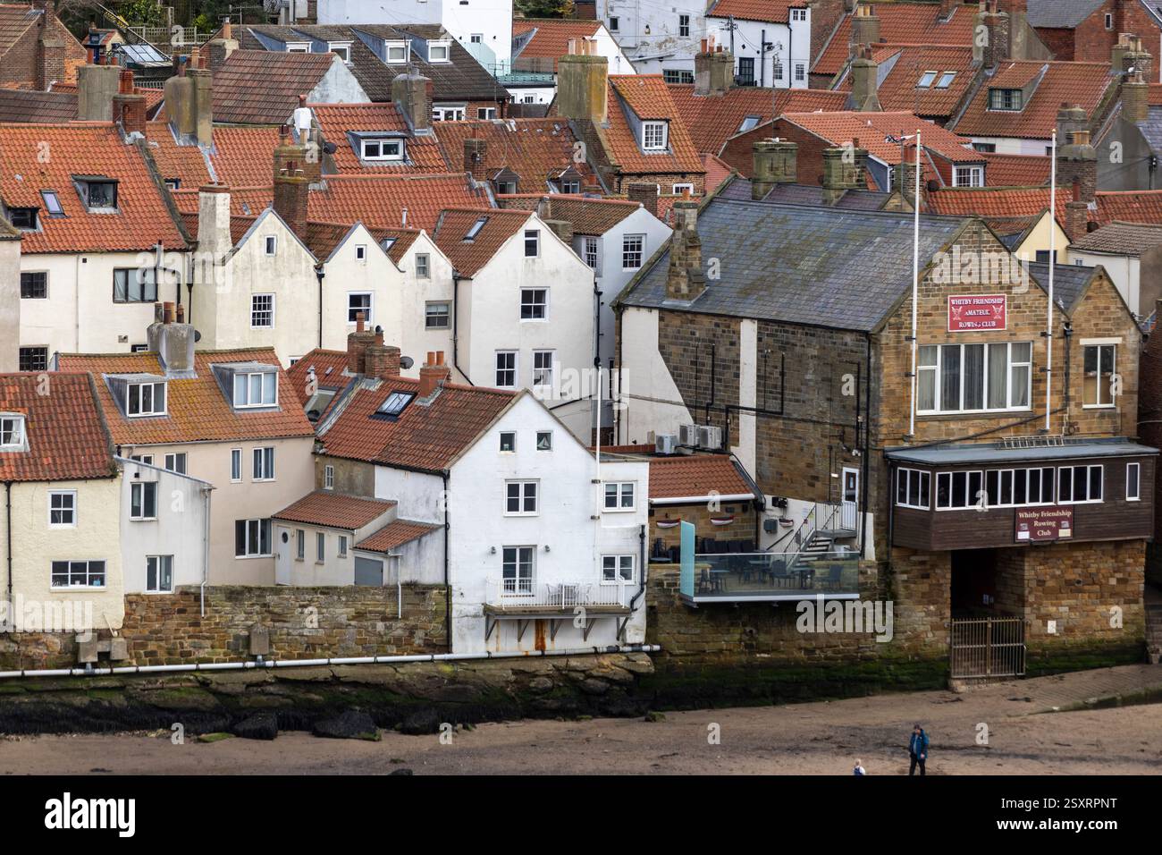 Blick auf Whitbys East Cliff mit Blick auf den historischen Hafen und die Abtei auf die Hütten und Häuser Stockfoto