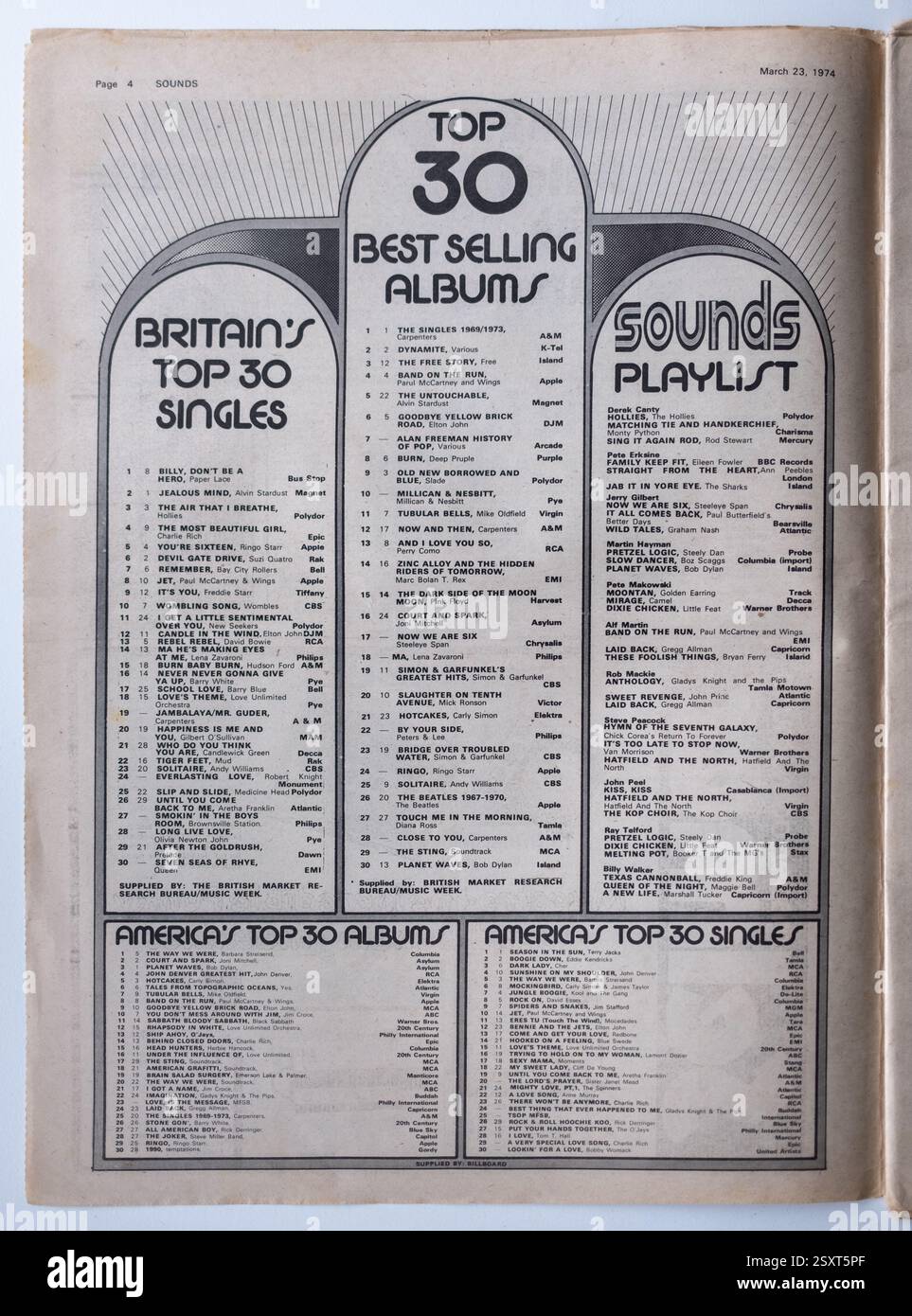 Top-of-the-Pops-Verkaufskarten in einer Vintage-Ausgabe aus den 1970er Jahren des SOUNDS Rock and Pop Music Paper Stockfoto Top-of-the-Pops-Verkaufskarten in einer Vintage-Ausgabe aus den 1970er Jahren des SOUNDS Rock and Pop Music Paper Stockfoto