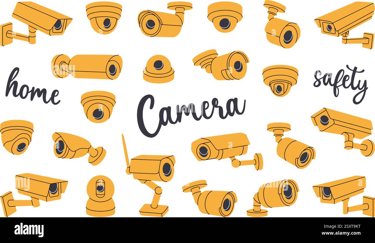 Satz von Videokameras. Externe CCTV-Kameras. Schutzsystem für Wohnräume. Vektorabbildung. Stock Vektor