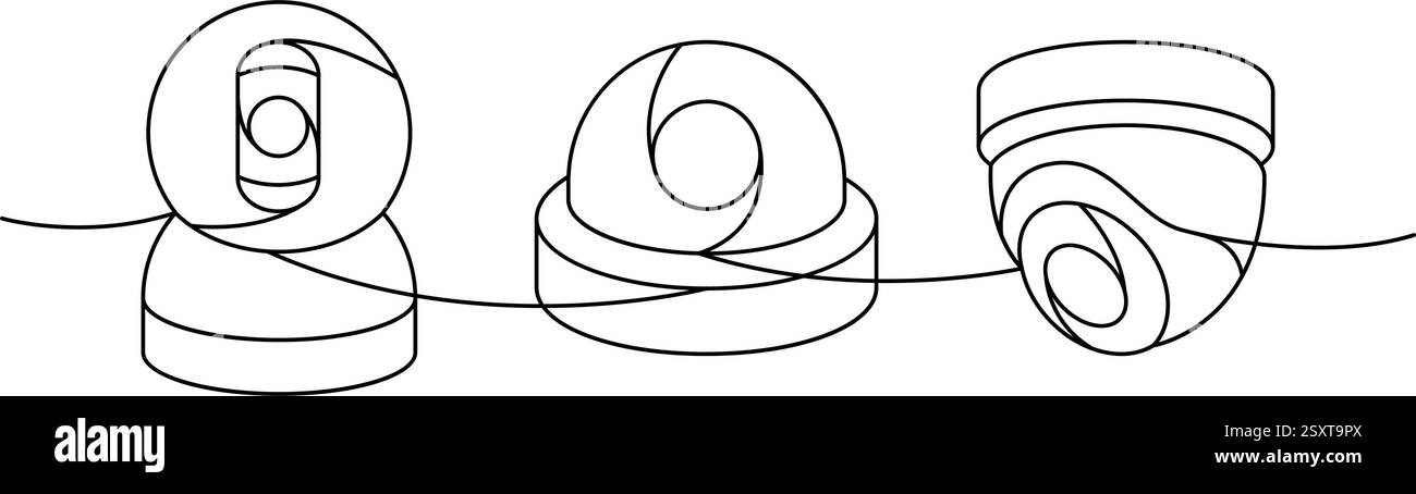 Sicherheitsvideokameras, eine Zeile, fortlaufende Zeichnung. Externes Heimsicherheitssystem. Vektorabbildung. Stock Vektor