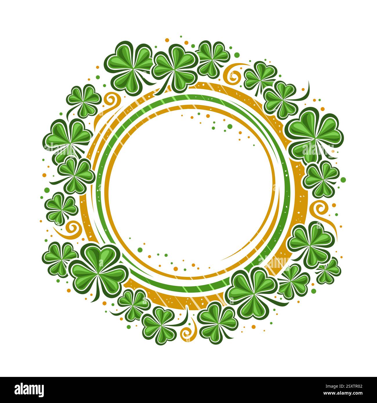 Vektor-Rahmen für St. Patrick's Day mit Kopierraum für Anzeigentext, rundes Layout mit umrissener Illustration von Schamrock-Blättern und Zeichentrickblüten, Flor Stock Vektor