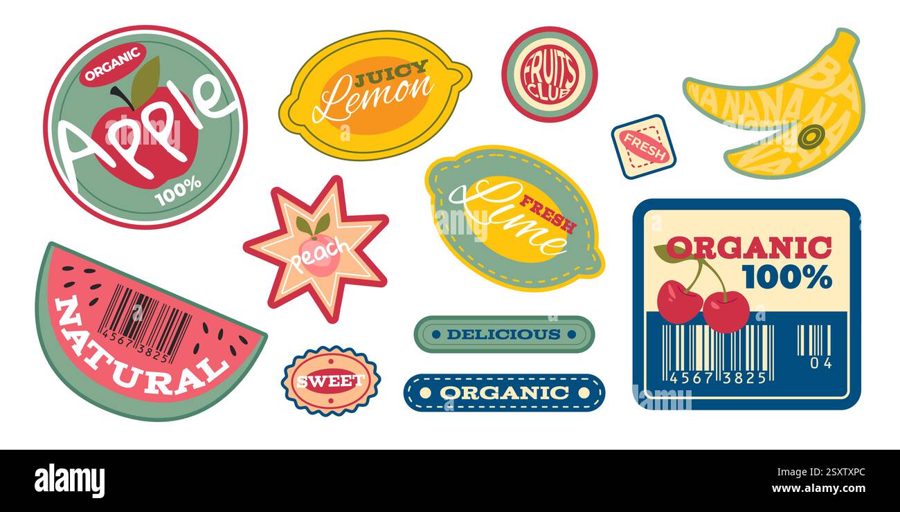 Vintage-Obstaufkleber auf weißem Hintergrund. Vektor-Karikaturillustration von Retro-Bio-Lebensmitteletiketten für Zitrone, Limette, Apfel, Wassermelone, Kirsche, Banane, Pfirsich, Produktqualitätsabzeichen Stock Vektor