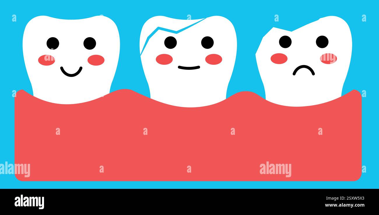 Cartoon-Illustration, die gesunde, gerissene und abgebrochene Zähne in leuchtenden Farben zeigt Stock Vektor
