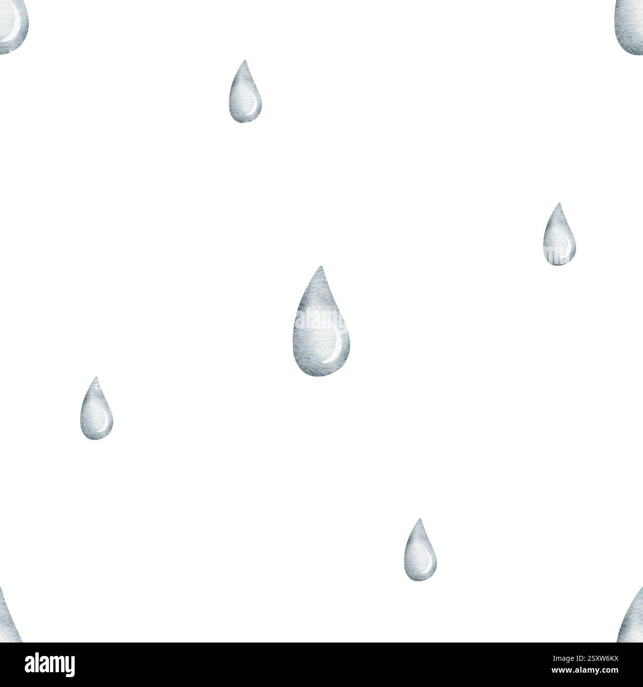 Aquarellmuster blaue Regentropfen fallen, fliegen. Nahtloses geometrisches Muster. Handgezeichnete Illustration isoliert auf weißem Hintergrund für Textildesign Stockfoto