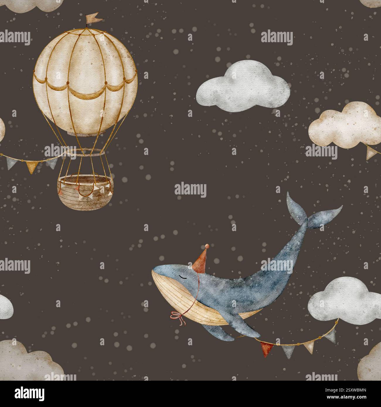 Vintage-Blauwal mit nahtlosem Muster und Heißluftballon in beigen Wolken. Aquarelldruck in Pastellfarben. Handgezeichnete Illustrationen auf dem Hintergrund Stockfoto