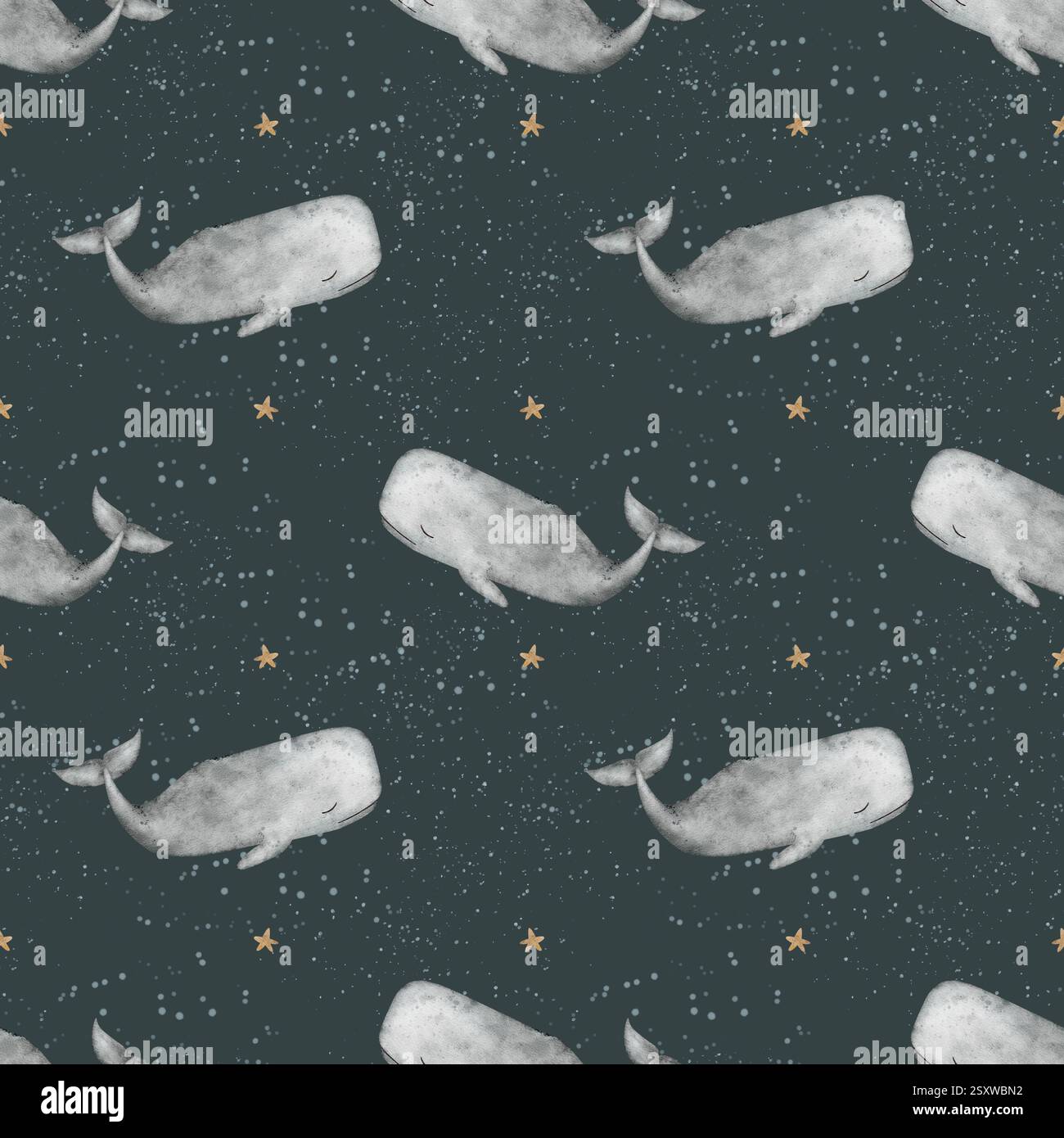 Vintage-cachalot-Walsterne mit nahtlosem Muster. Grauer Pottwal mit Aquarelldruck. Handgezeichnete Illustrationen auf dunklem, blauem Hintergrund für Design Stockfoto