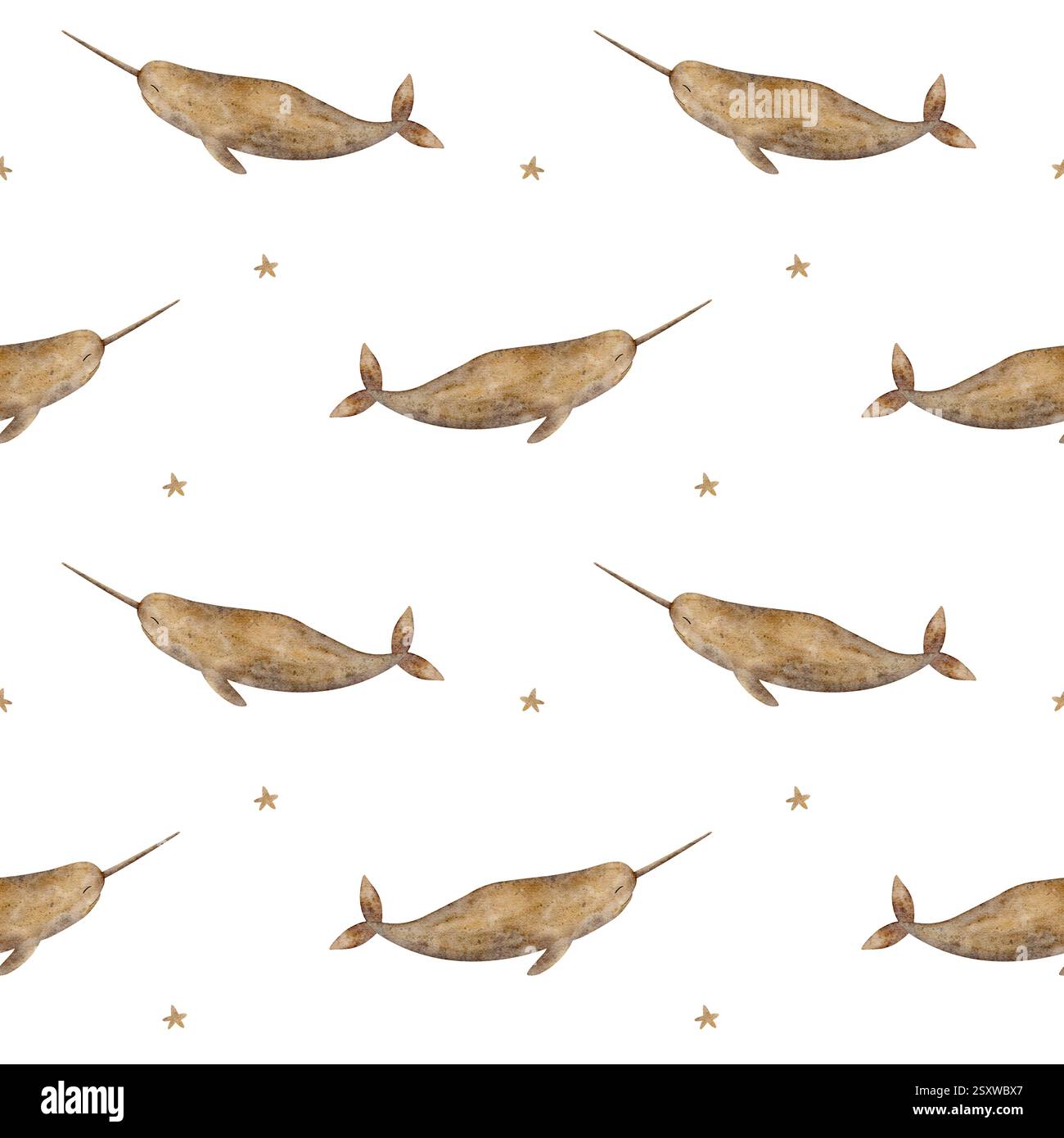 Nahtloses Muster Narwal beige in Sternen, Spritzer. Aquarelldruck von Meerestieren. Handgezeichnete Illustrationen auf weißem Hintergrund für die Gestaltung von Stockfoto