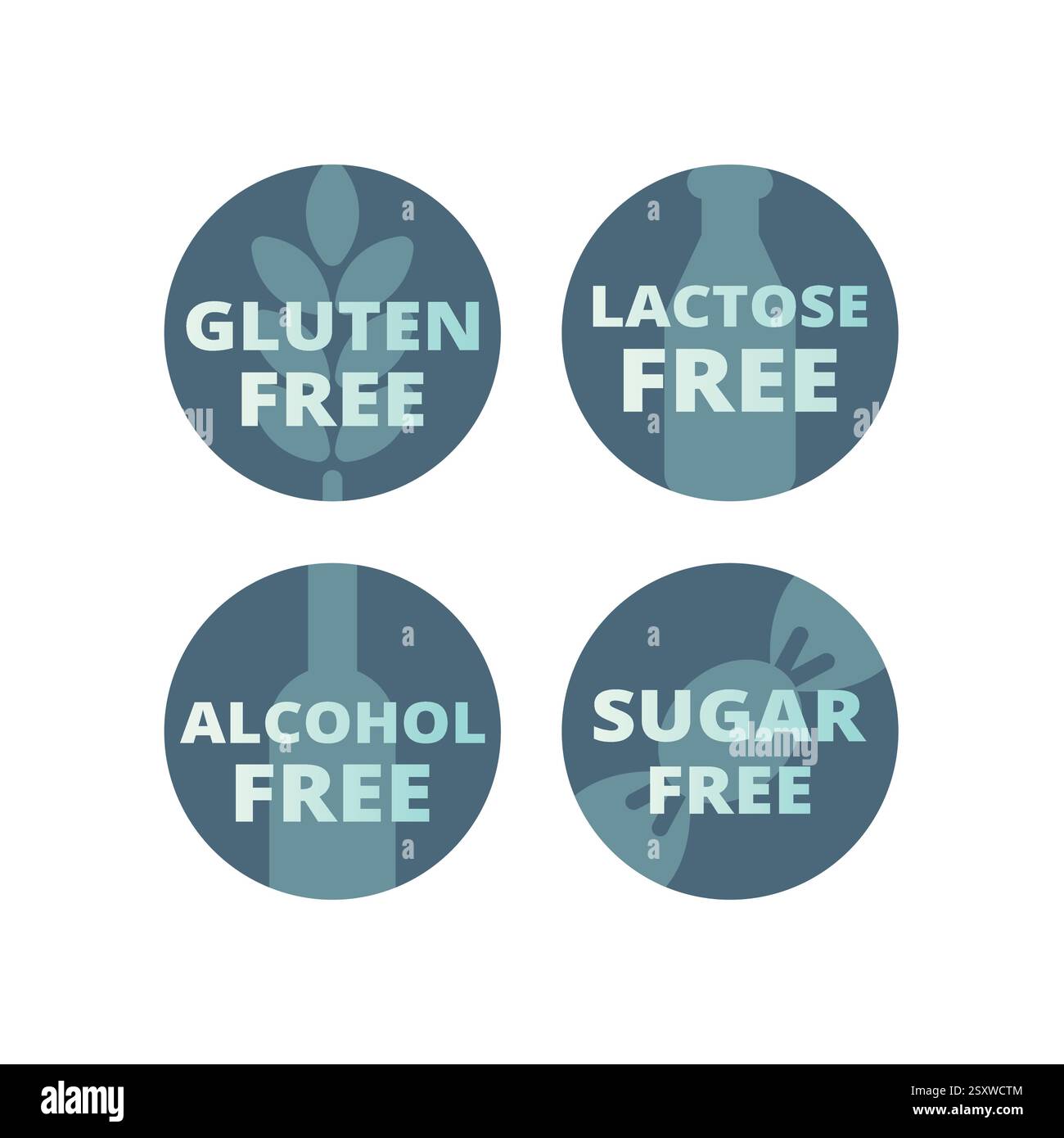 Gluten- und laktosefreies Vektorlabel-Set. Alkohol- und zuckerfreie Etiketten oder Aufkleber. Stock Vektor