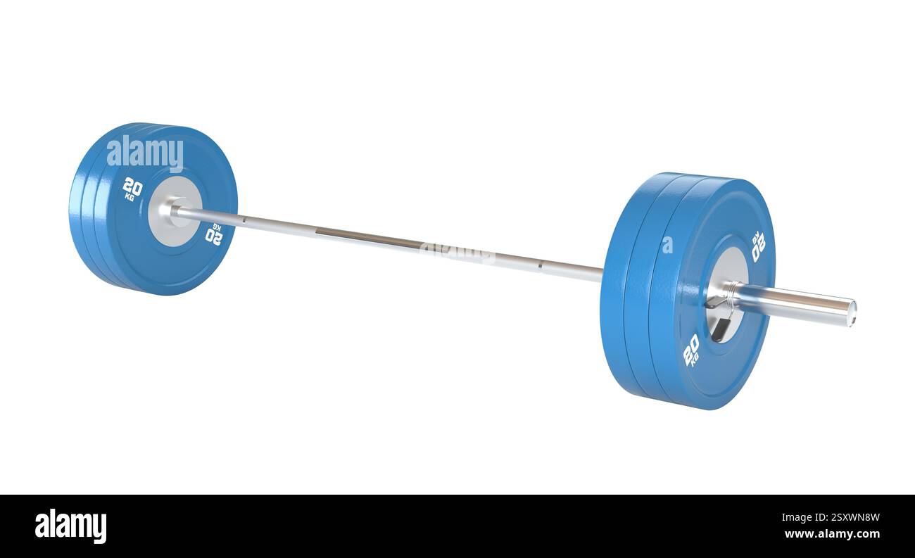 Barbell mit blauen Gewichten isoliert auf transparentem Hintergrund, 3D Stockfoto