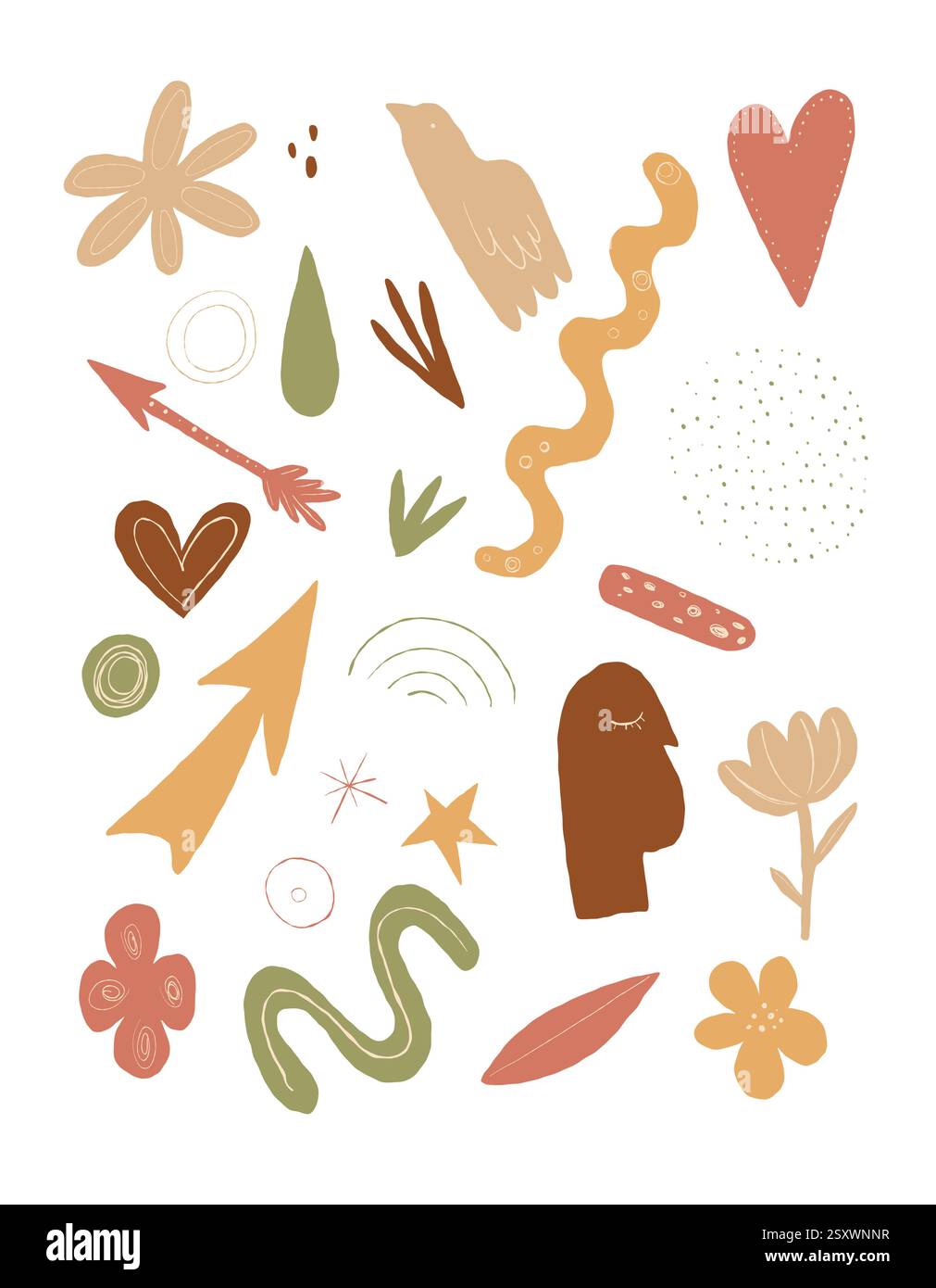 Modernes abstraktes Vektor-Clipart mit handgezeichneten Kritzeleien, organischen Formen und geometrischen Elementen in Erdtönen. Perfekt für Branding, Poster Stock Vektor
