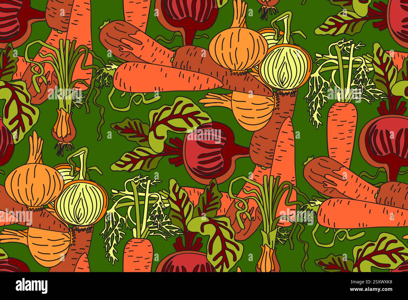 Botanisches abstraktes nahtloses Muster mit saftiger Gemüse-Vektor-Illustration. Bunte Karotten, Zwiebeln, Rüben, die sich in grünem Colo wiederholen Stock Vektor